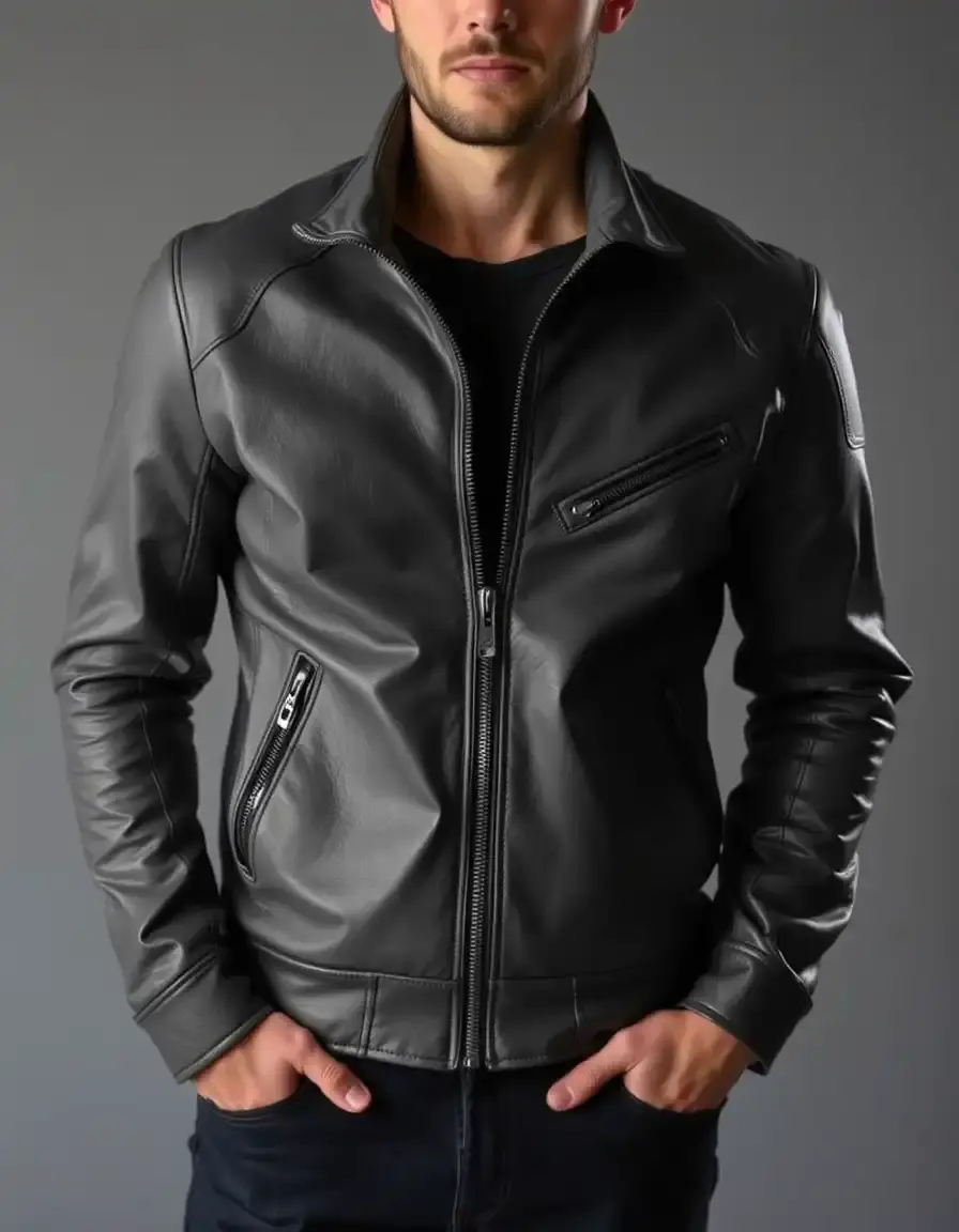 Giacca scuba uomo in pelle grigia con zip