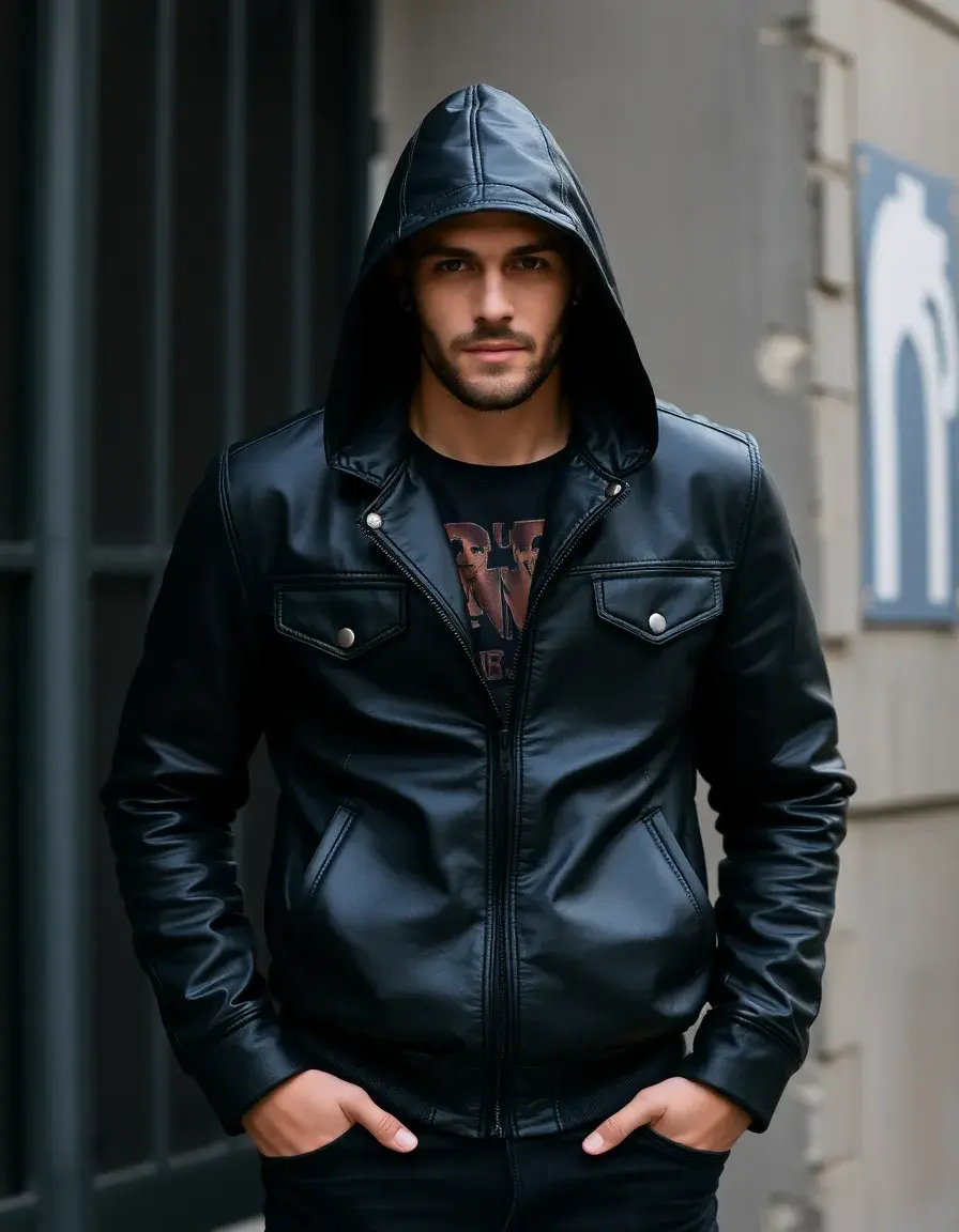 Giubbotto uomo in pelle nera con cappuccio stile urbano