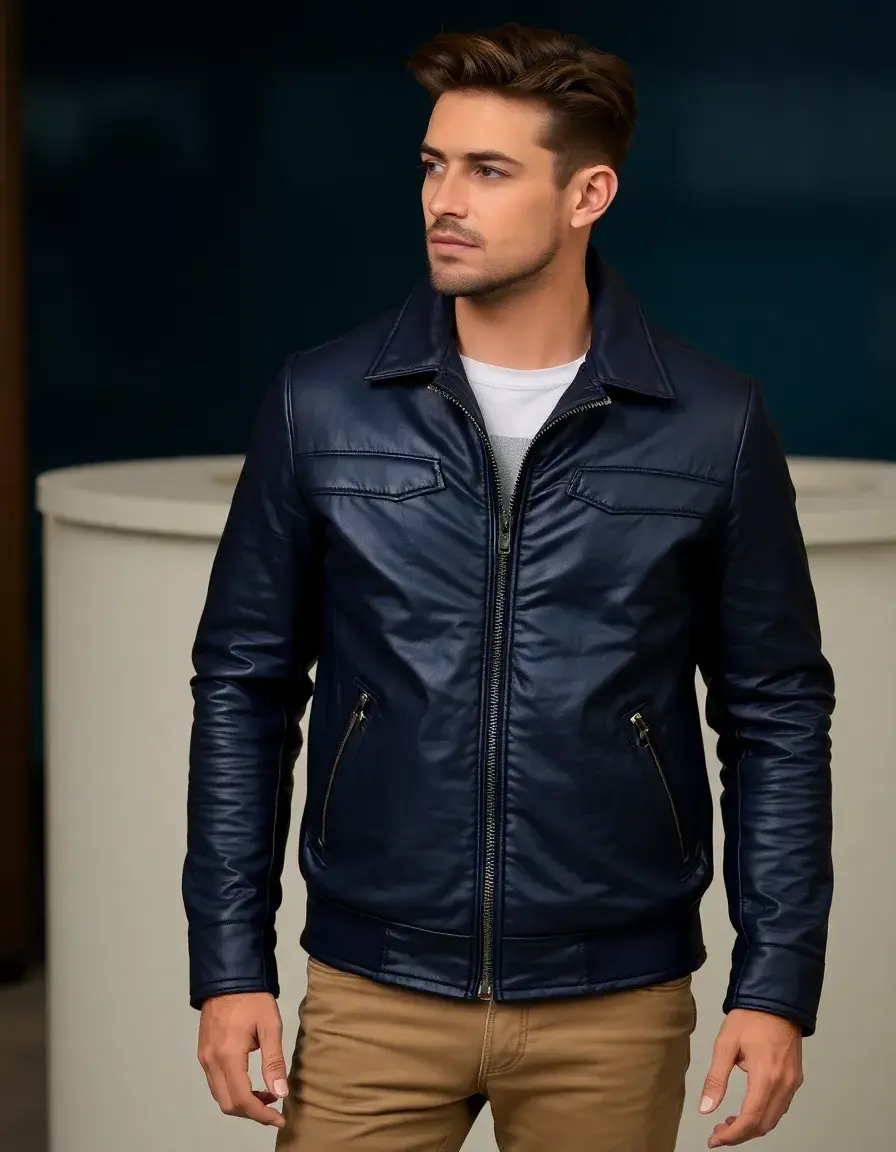 Giacca trapuntata uomo in pelle blu navy