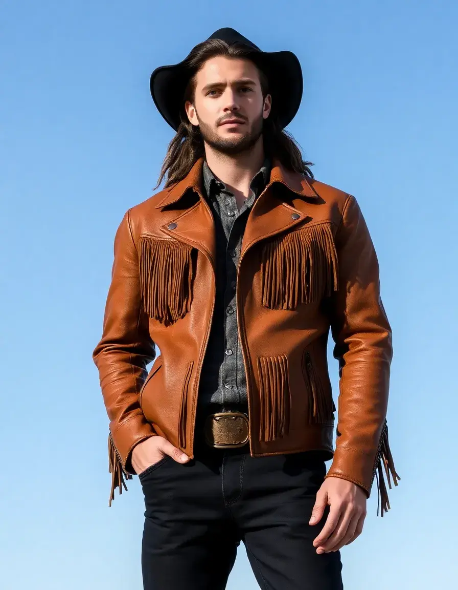 Giacca western uomo in pelle color tabacco con frange