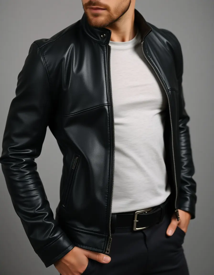 Giacca slim fit uomo in pelle nera aderente