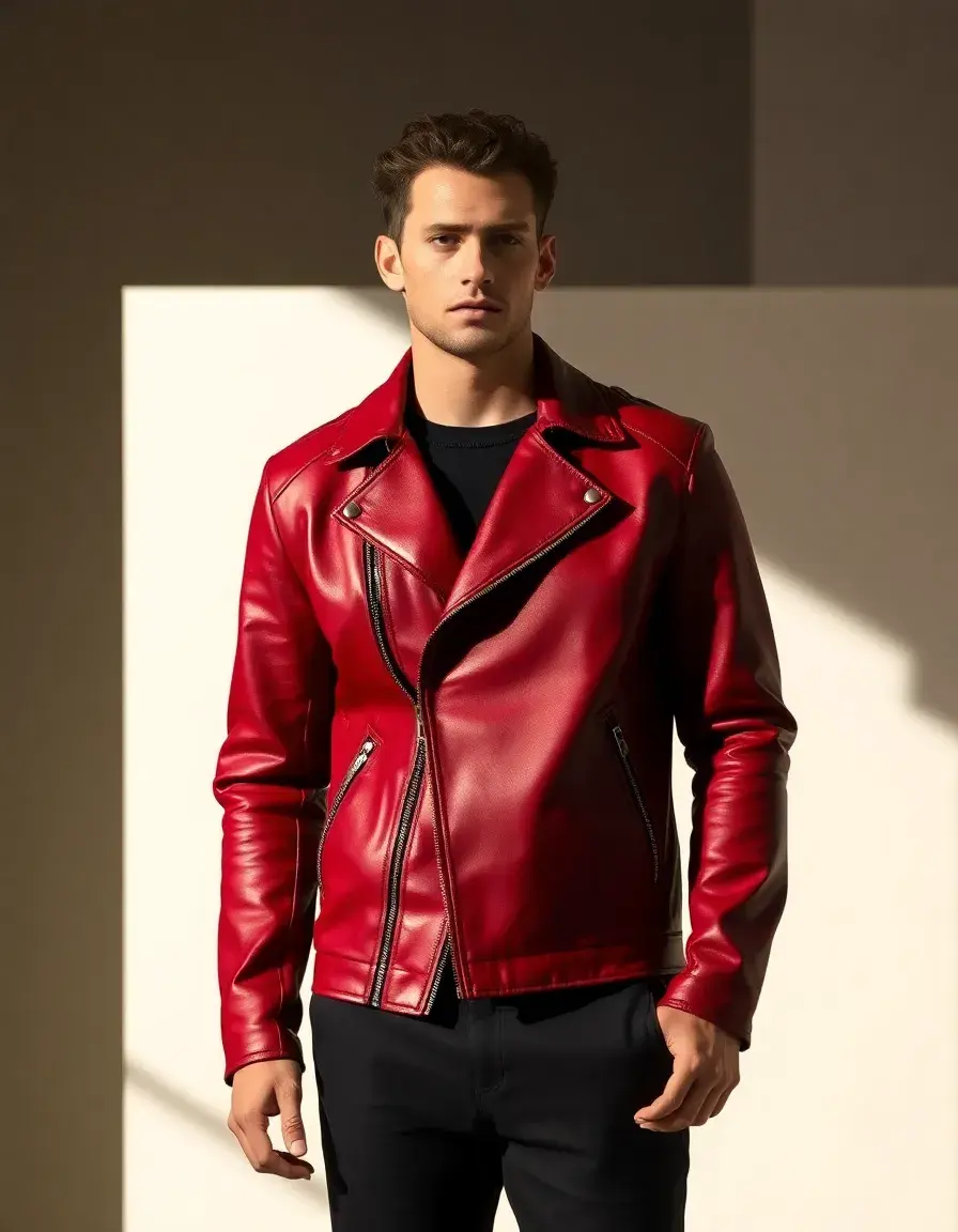 Giacca pelle rossa asimmetrica uomo stile rock