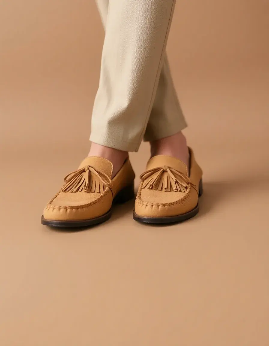 Mocassini uomo pelle beige con frange decorative