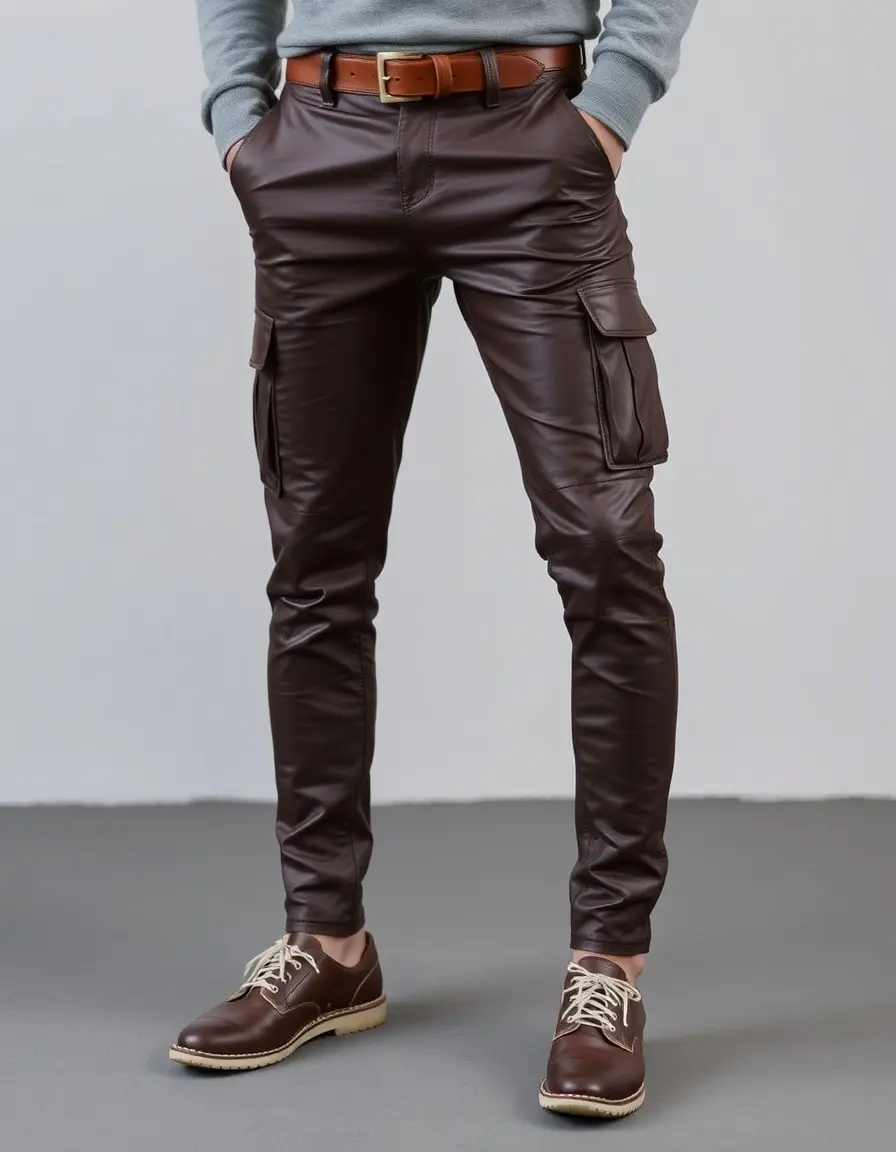 Pantaloni cargo in pelle marrone uomo con tasche laterali