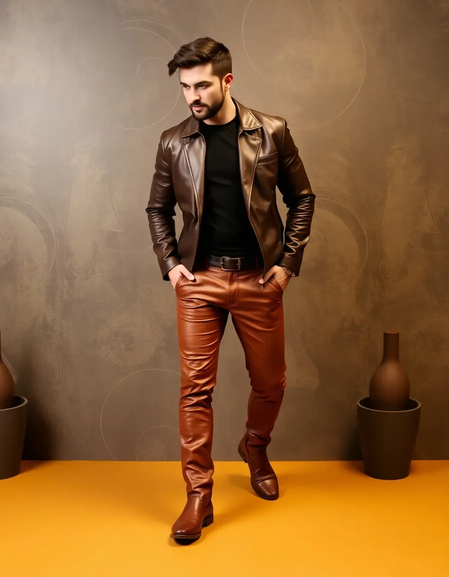 Pantaloni pelle uomo dritti color cuoio tan
