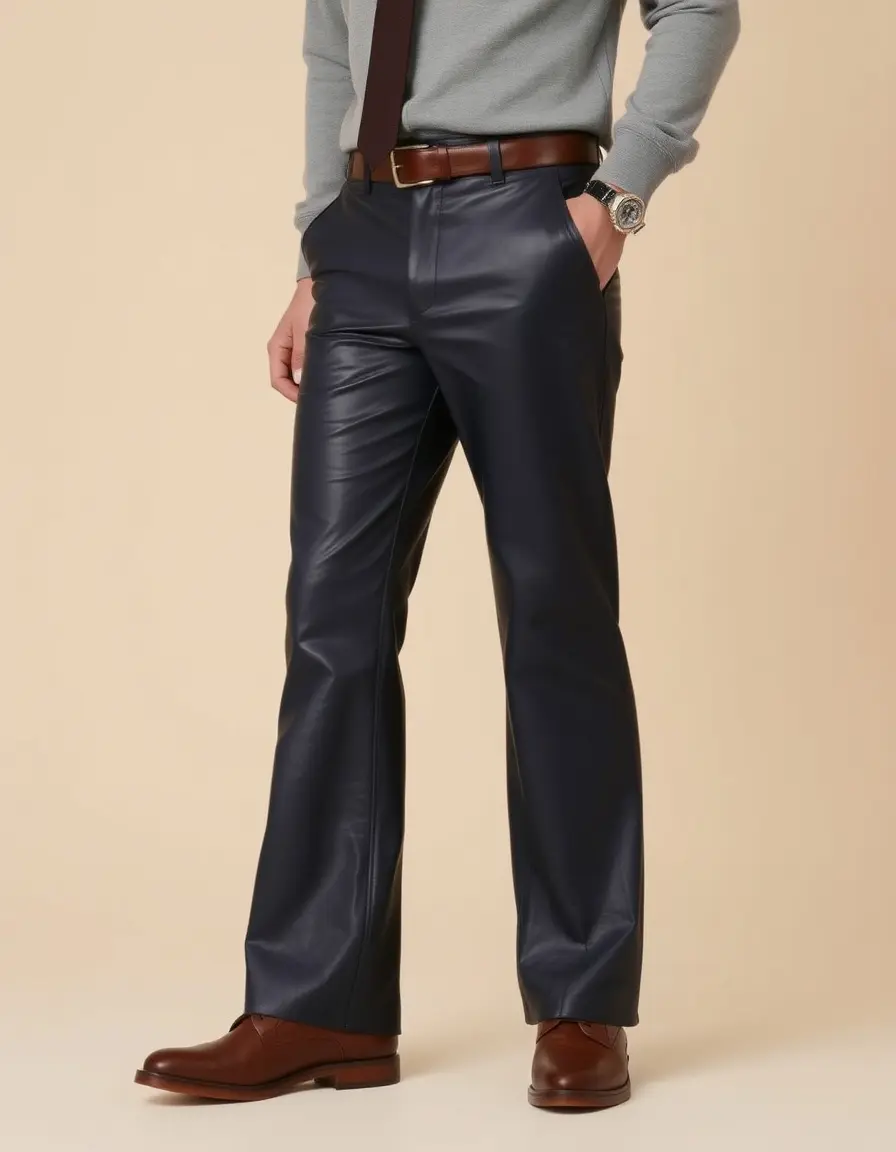 Pantaloni pelle uomo blu navy a zampa stile anni 70