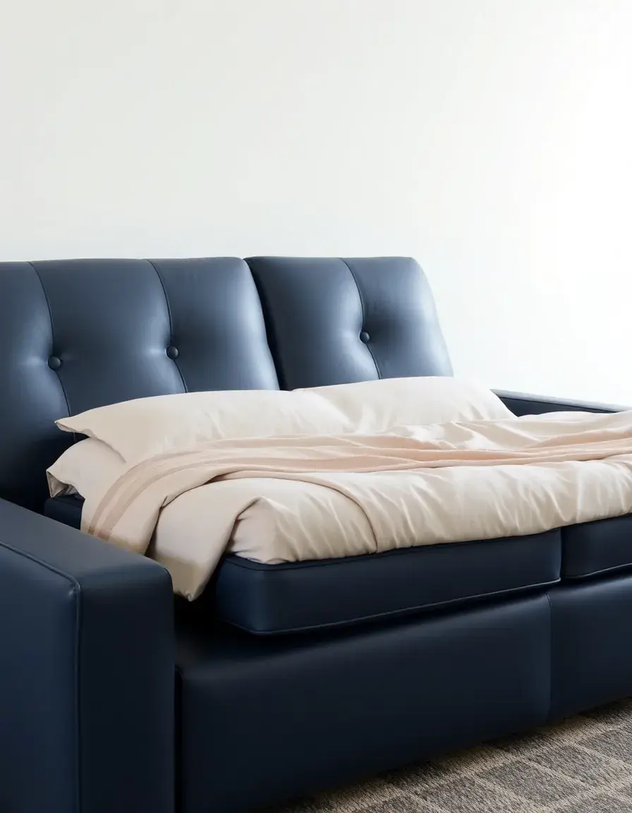 Divano letto in pelle blu navy piegato