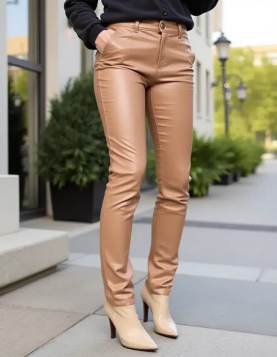 Pantaloni slim beige in pelle sintetica PU
