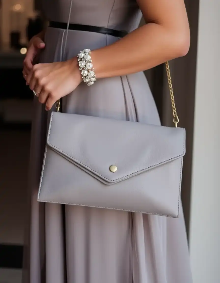 Elegante clutch in pelle grigia per eventi serali