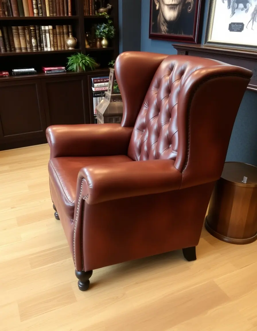 Classica poltrona wingback in pelle marrone stile vintage