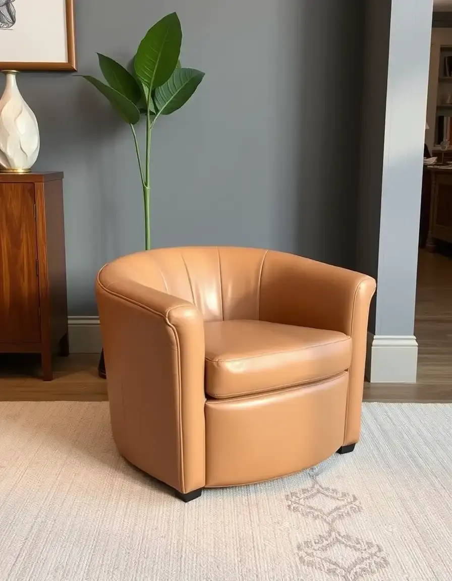 Poltrona a barile arrotondata in pelle beige