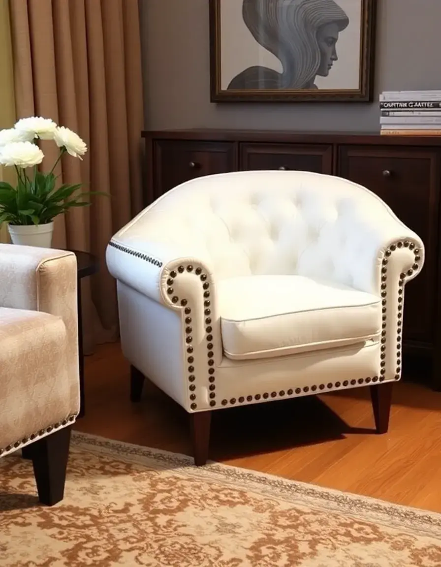 Elegante poltrona d'accento in pelle bianca con design unico
