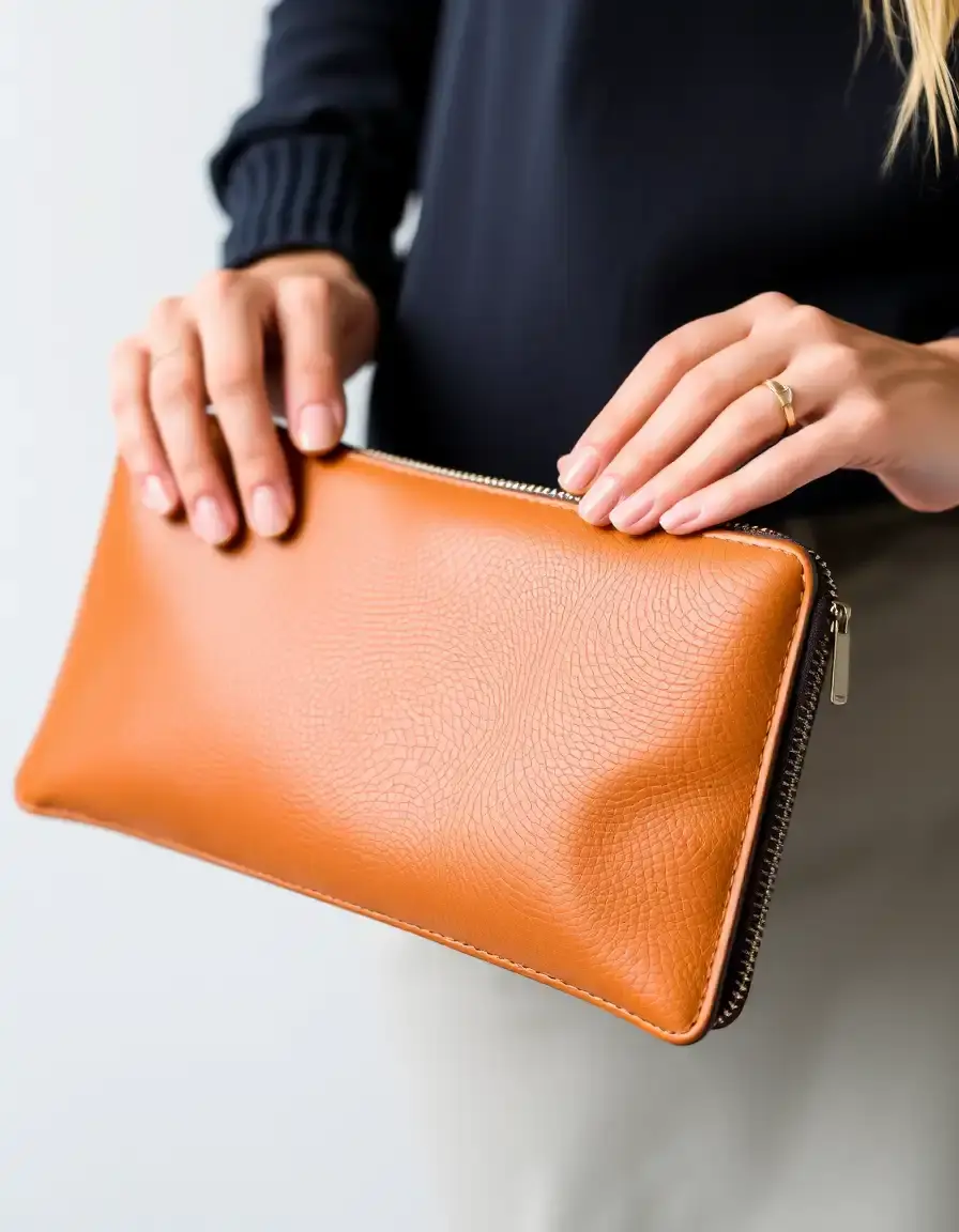 Portafoglio pochette in pelle color cuoio con zip