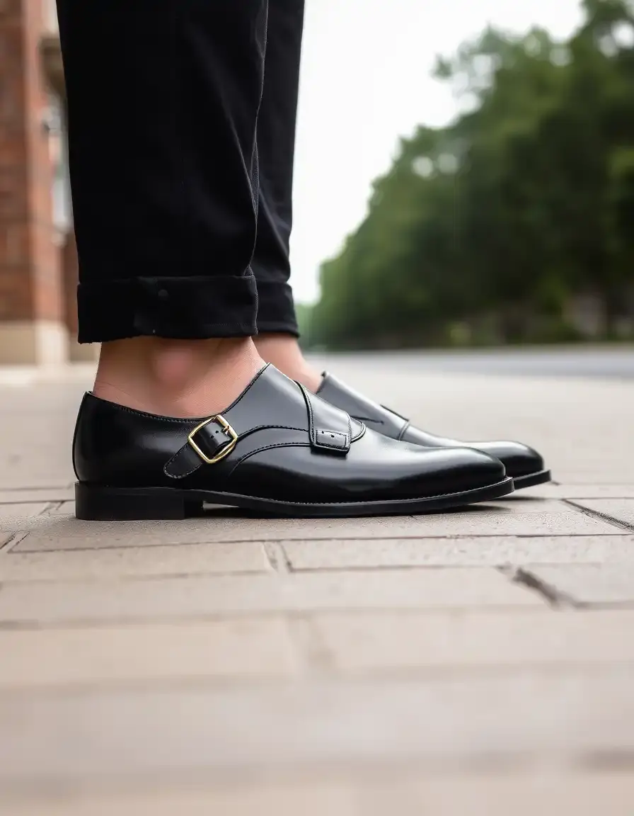 Eleganti scarpe uomo di pelle modello Monk Strap nere con fibbie