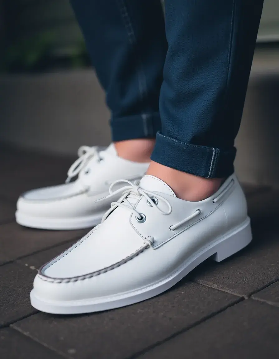 Scarpe da barca uomo in pelle bianca con stringhe in cuoio