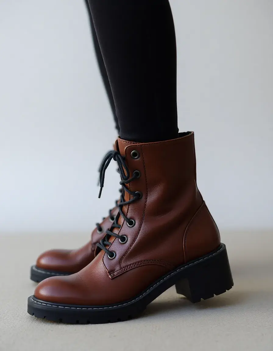 Stivaletti combat boots in pelle marrone con lacci e suola carrarmato