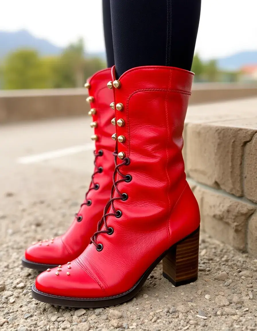 Stivaletti in pelle rossa con borchie decorative stile rock