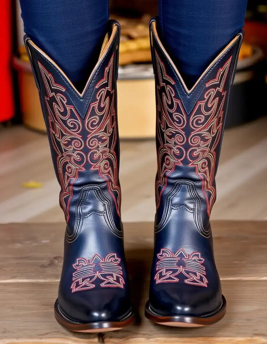 Stivali cowboy in pelle blu navy con punta