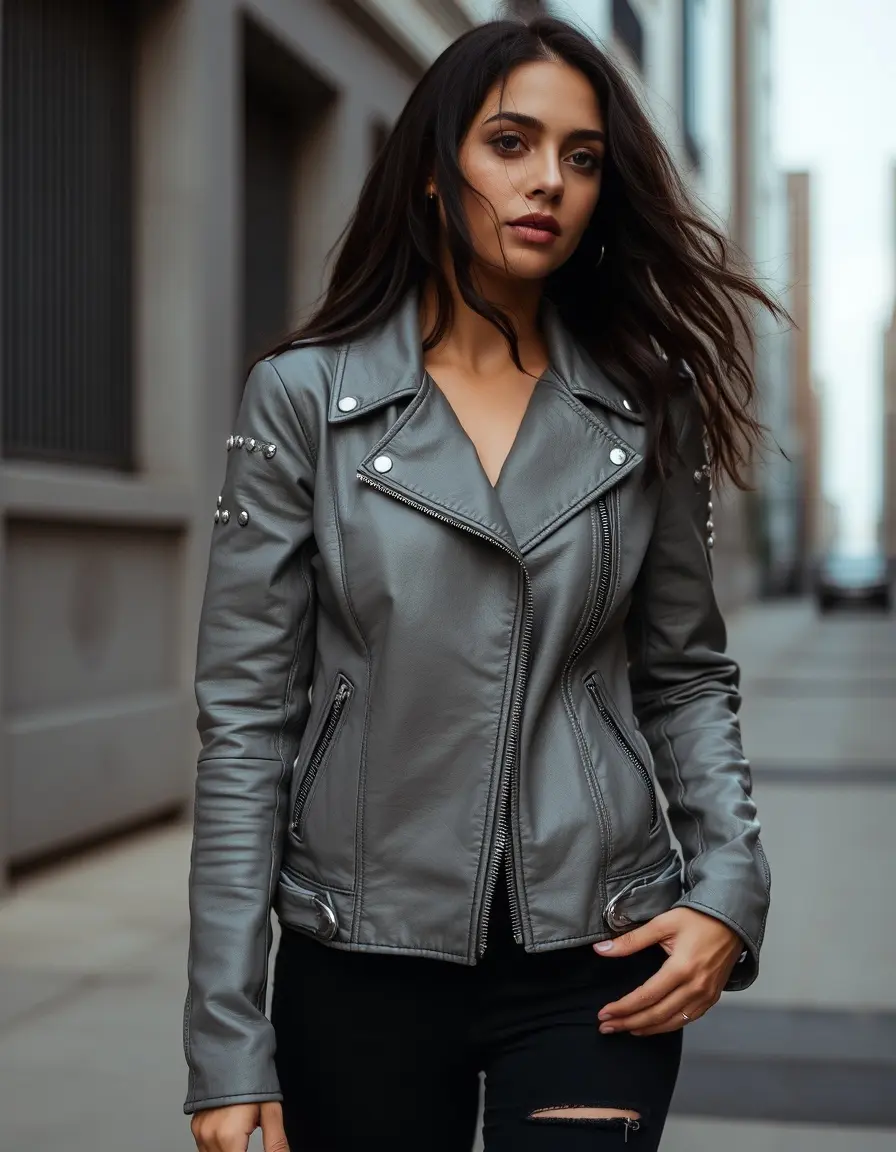 Giacca di pelle grigia con borchie metalliche stile urban