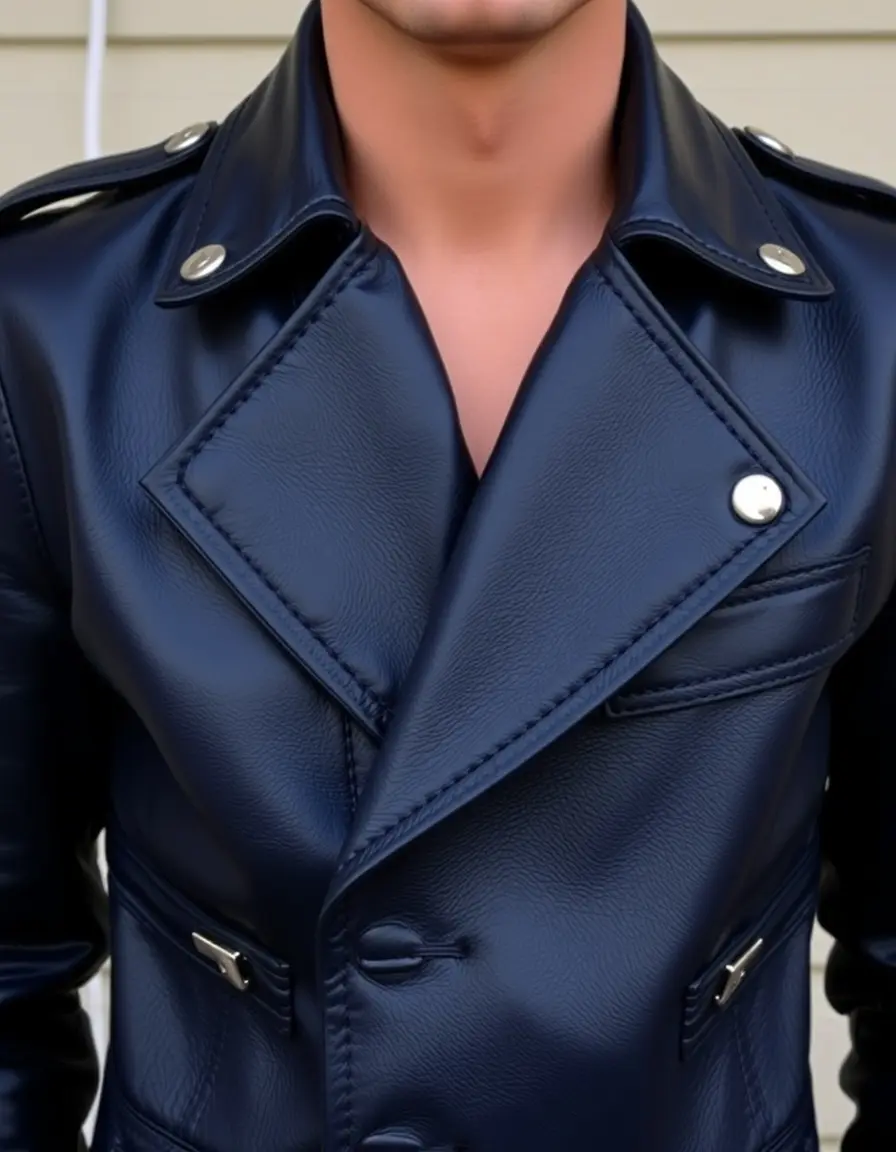 Giacca di pelle navy con fibbie metalliche stile cool