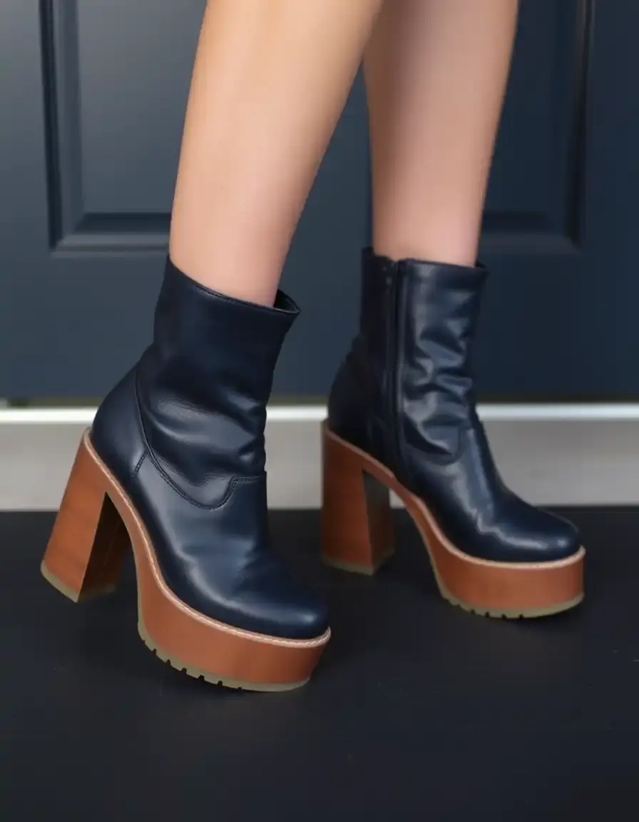 Stivali blu navy con suola platform in pelle