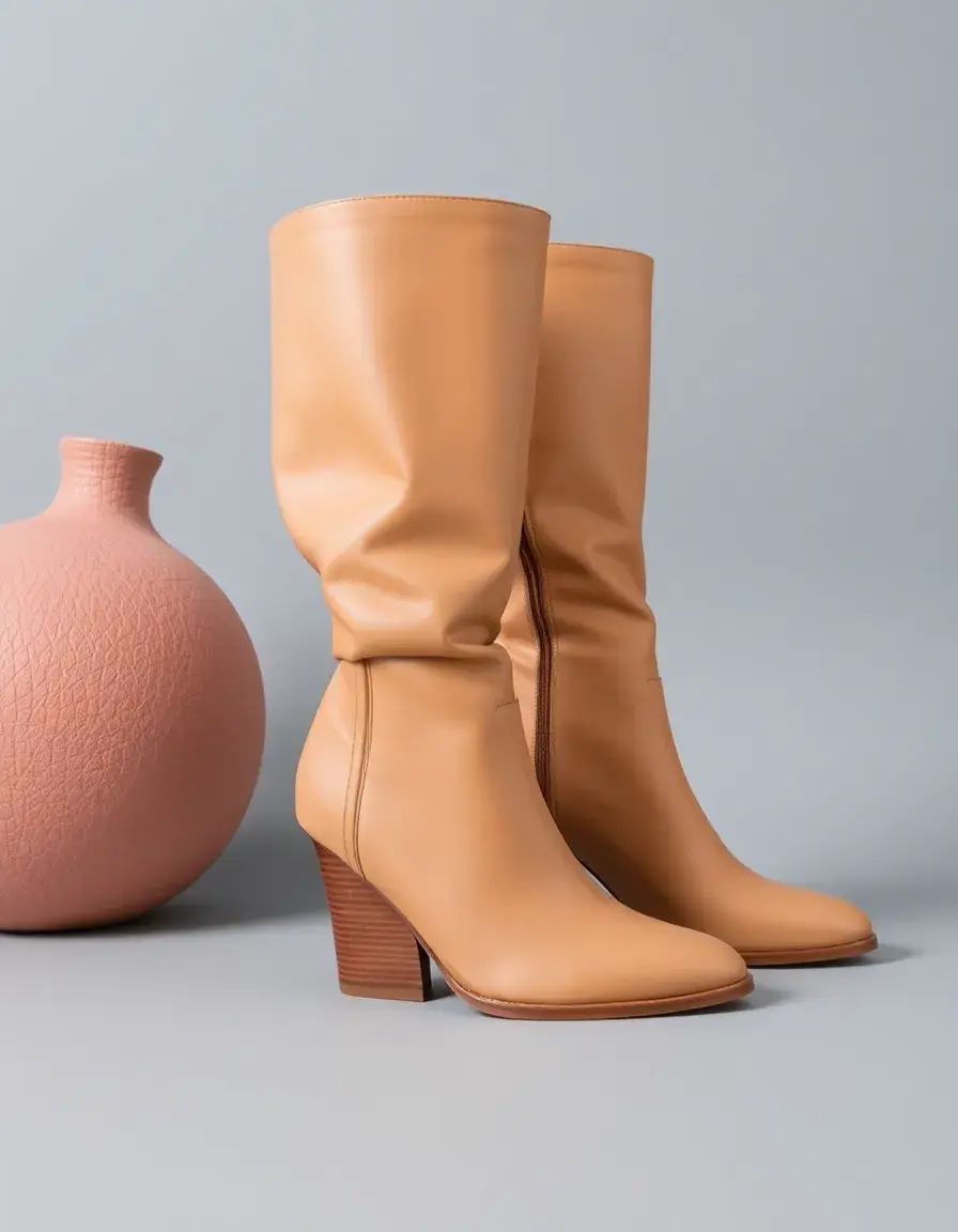 Stivali beige con tacco a blocco in pelle premium