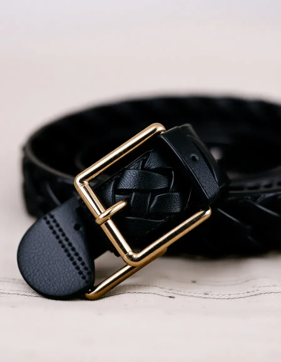 Cintura nera in strisce di pelle intrecciate stile casual