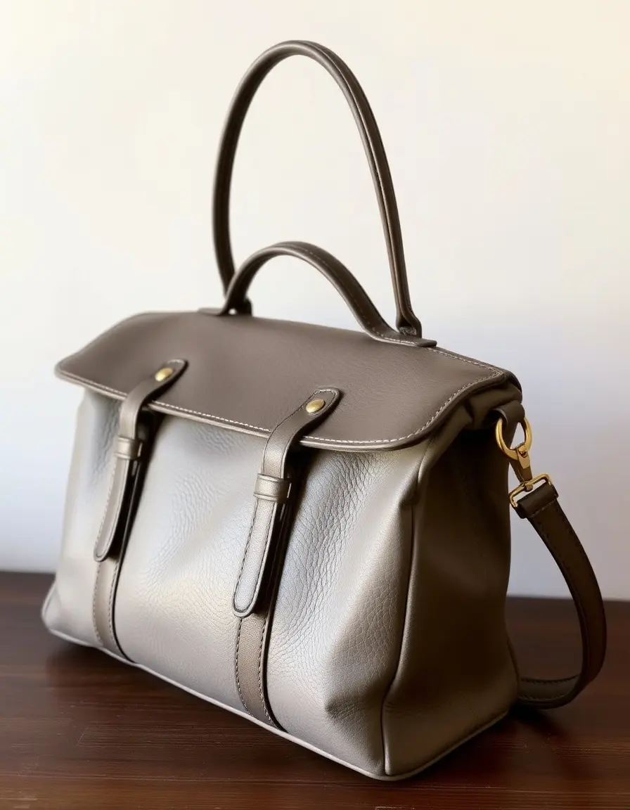 Borsa satchel grigia in vera pelle con patta