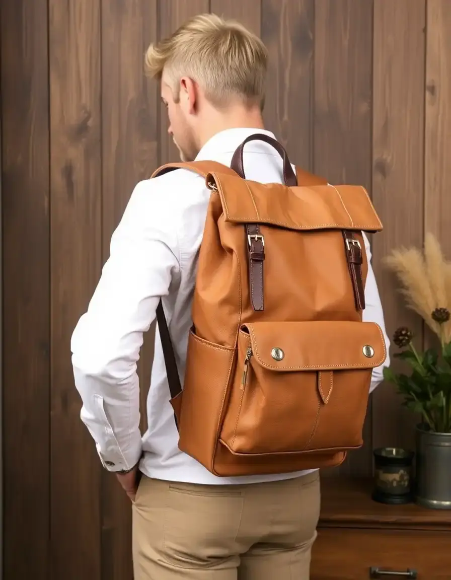 Zaino roll-top uomo in pelle beige chiaro moderno