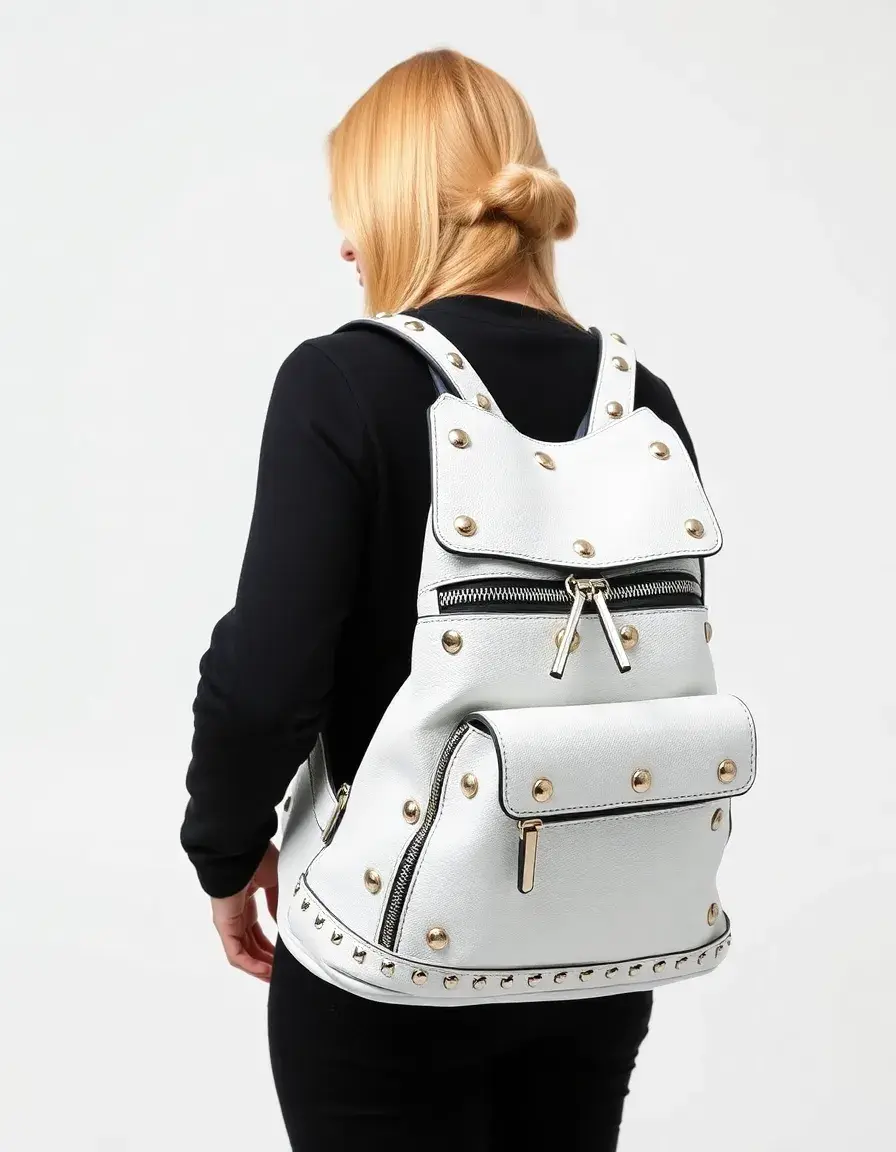 Zaino bianco borchiato in vera pelle donna