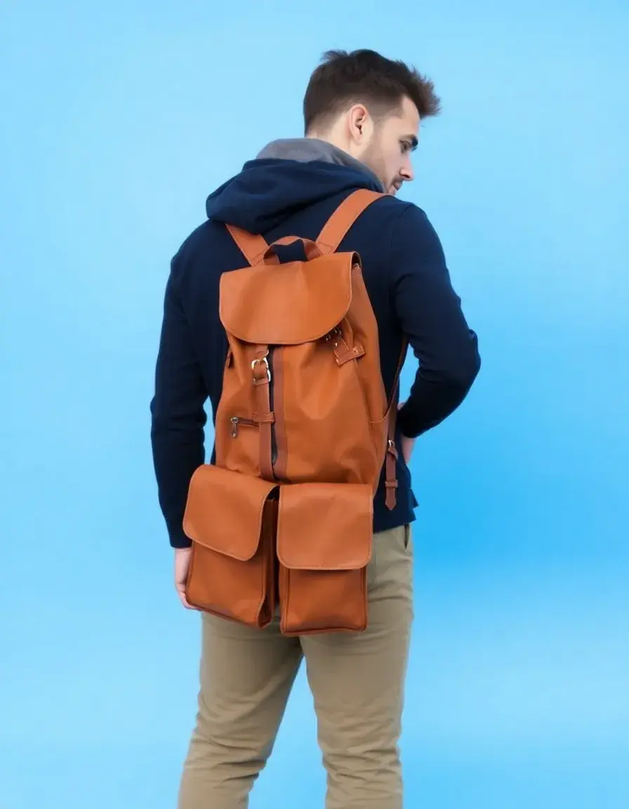 Zaino in pelle color cuoio con tasche utility