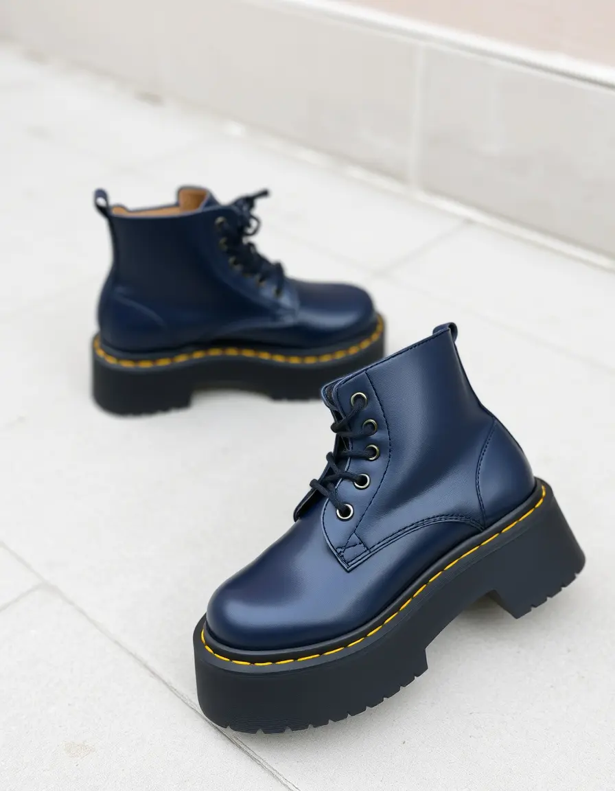 Anfibi platform donna pelle blu navy