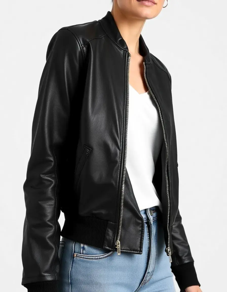 Bomber in pelle nera donna con chiusura a zip stile minimal