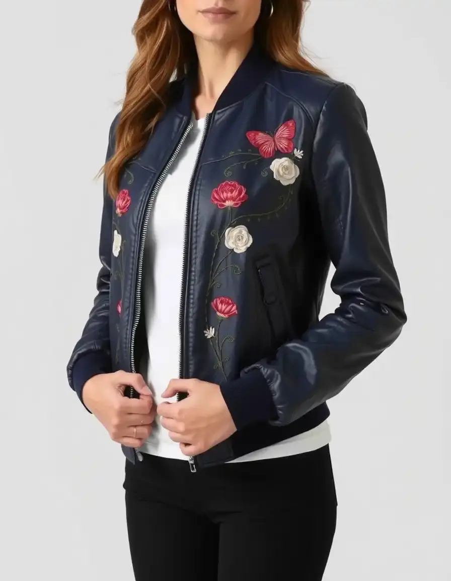 Bomber in pelle blu navy con ricami eleganti