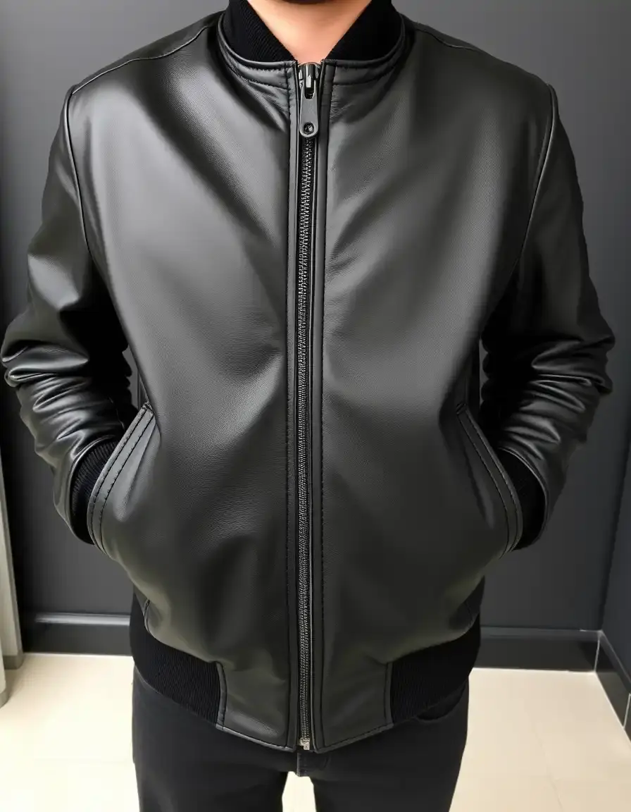 Classico bomber in pelle nera unisex, dettaglio frontale con zip