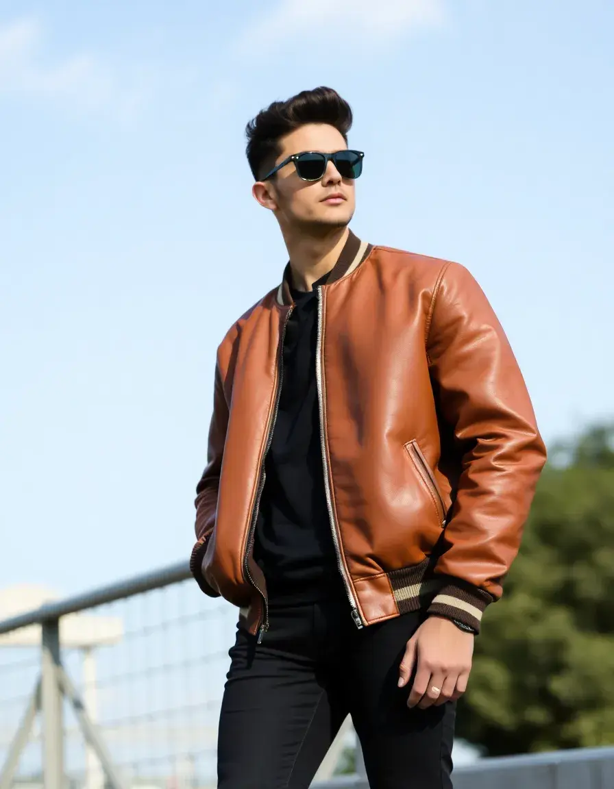 Bomber stile varsity in pelle color tabacco
