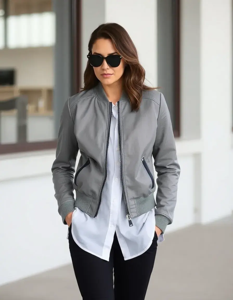 Giacca bomber slim fit in pelle grigia moderna