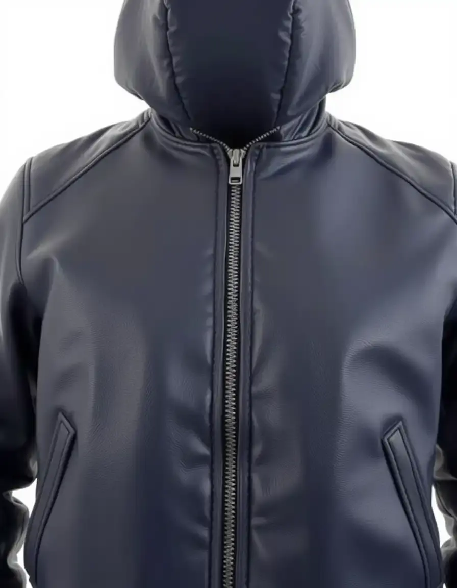 Bomber in pelle blu navy con cappuccio integrato