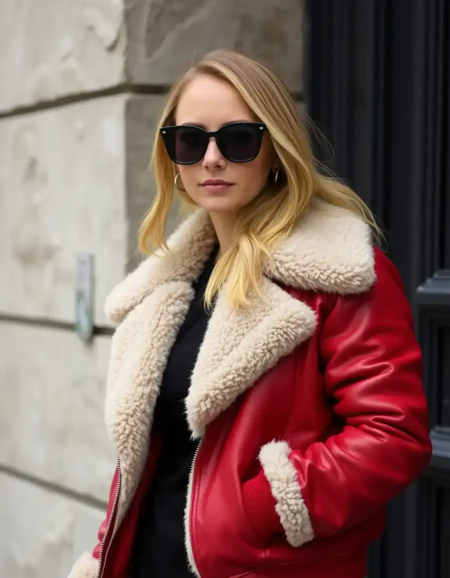 Bomber in pelle rossa con colletto e interno in shearling