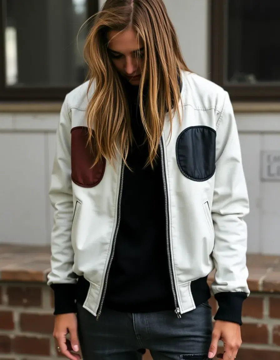 Bomber in pelle bianca con patch decorative stile racing