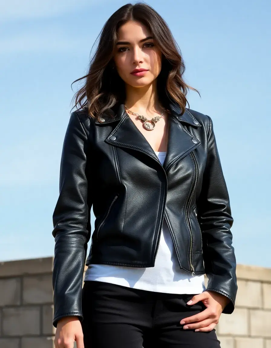 Giacca di pelle nera classica da donna stile biker
