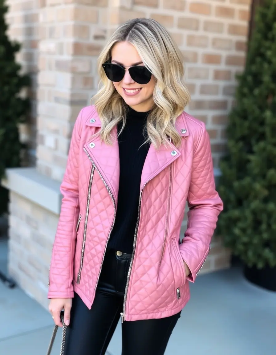 Giacca di pelle rosa trapuntata elegante donna