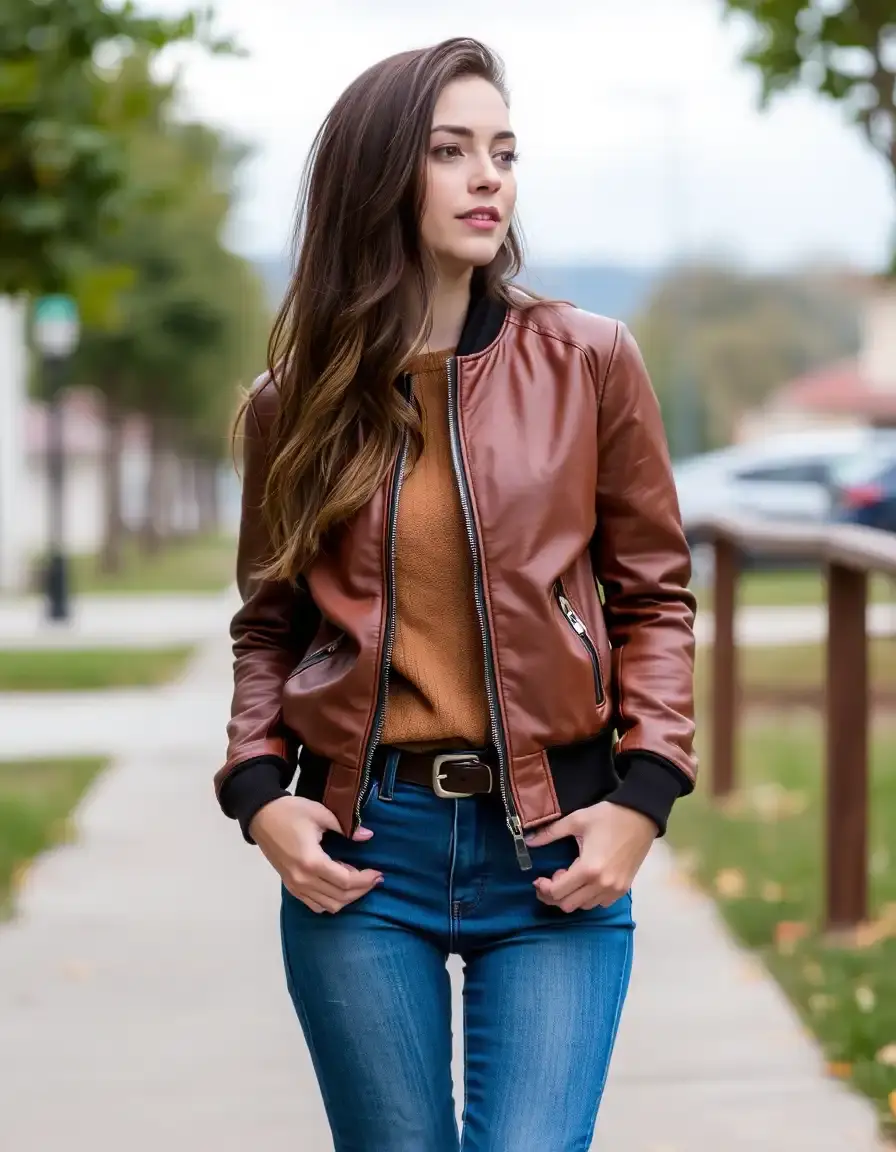 Bomber pelle marrone donna casual con polsini in maglia