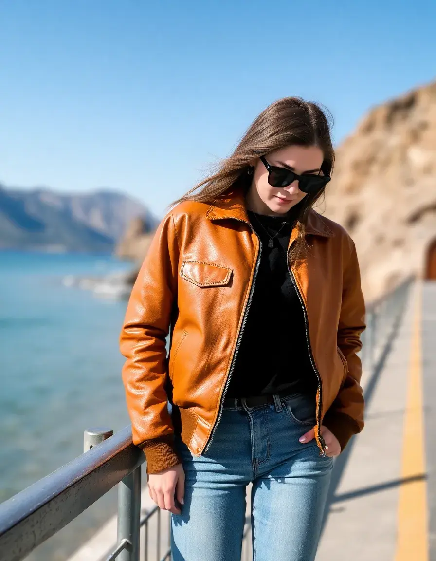 Giacca aviatore donna in pelle color cuoio vintage