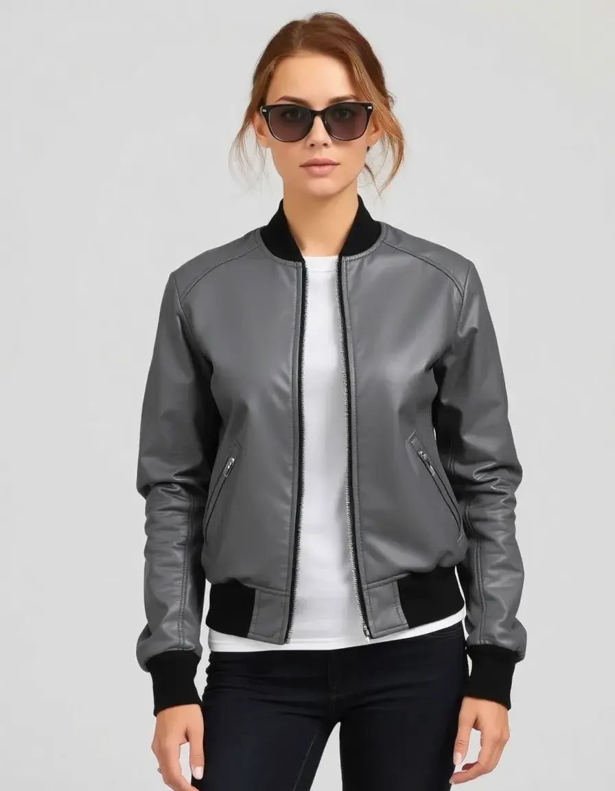 Bomber sportivo donna in pelle grigia