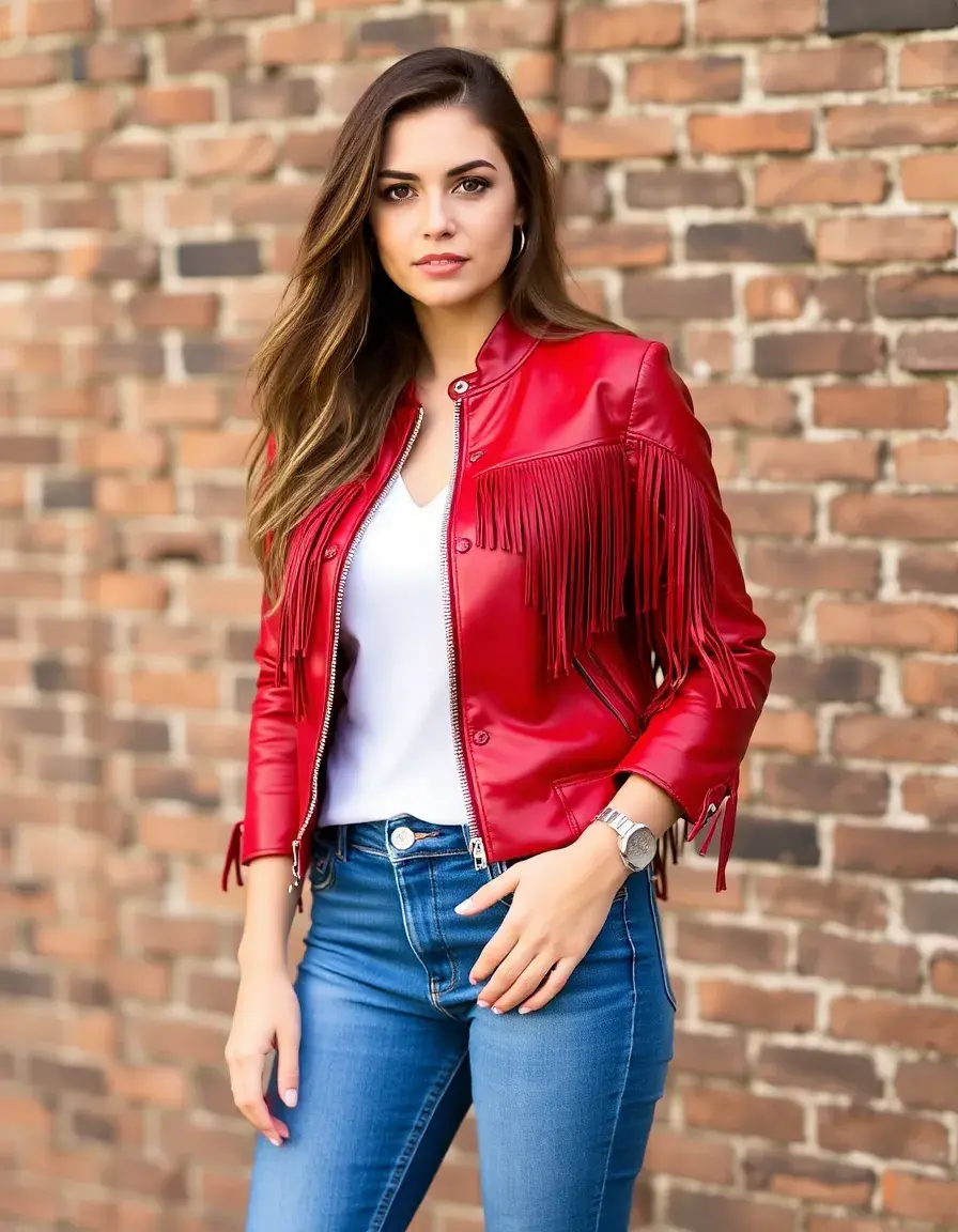 Bomber rosso con frange in pelle donna
