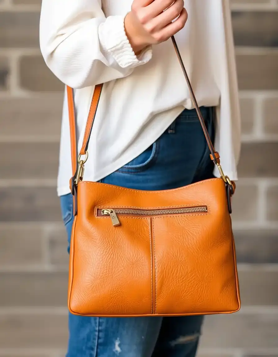 Piccola borsa a tracolla da donna in pelle color cuoio