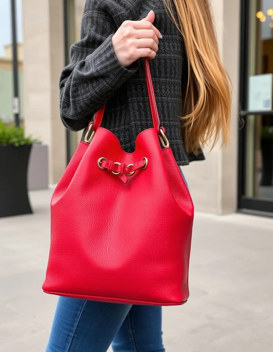 Borsa a secchiello da donna in pelle rossa vivace