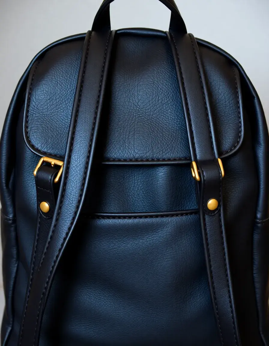Zaino in pelle nera con cinghie in evidenza
