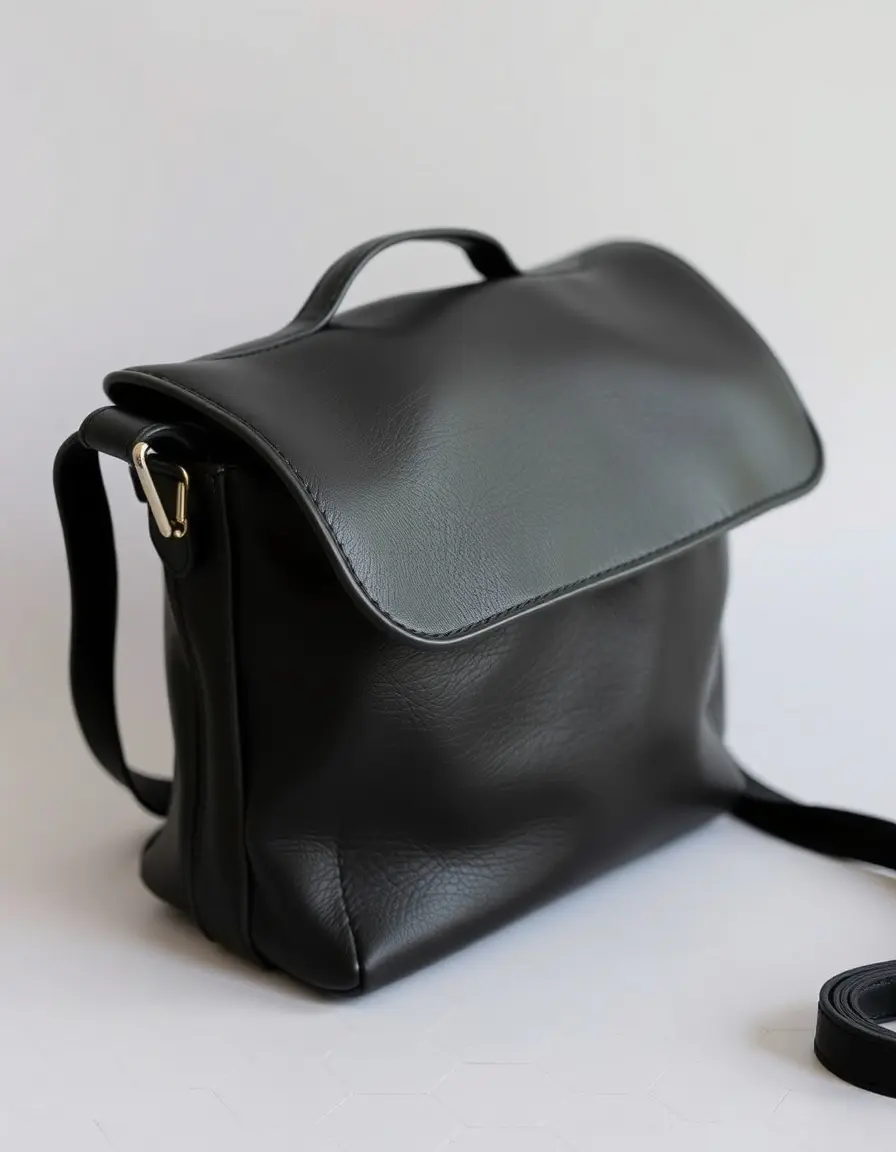 Borsa messenger in pelle nera con patta aperta